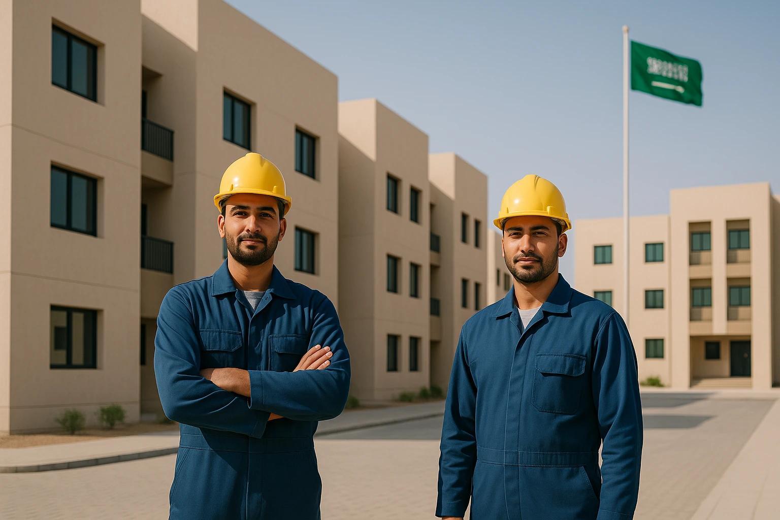 صورة لعاملين أمام سكن العمال